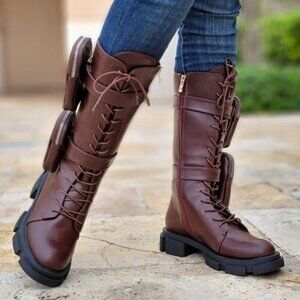 Wine Lace Up Combat Boots Lug Sole Removable Pouch for Women